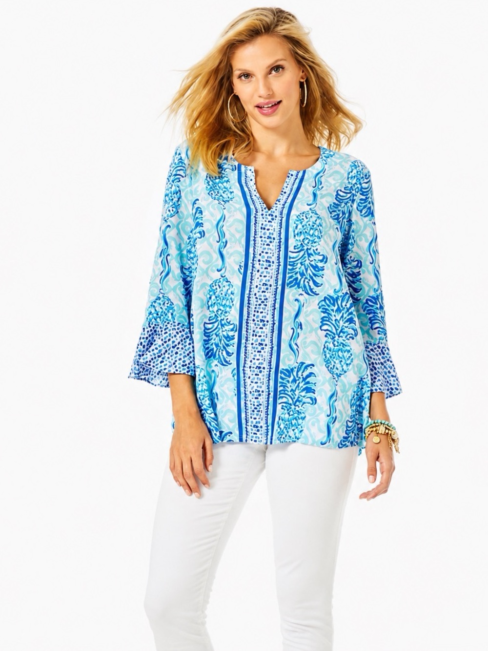 Lilly Pulitzer Keona Tunic Top Pineapples Out Of The Blue Women Size L